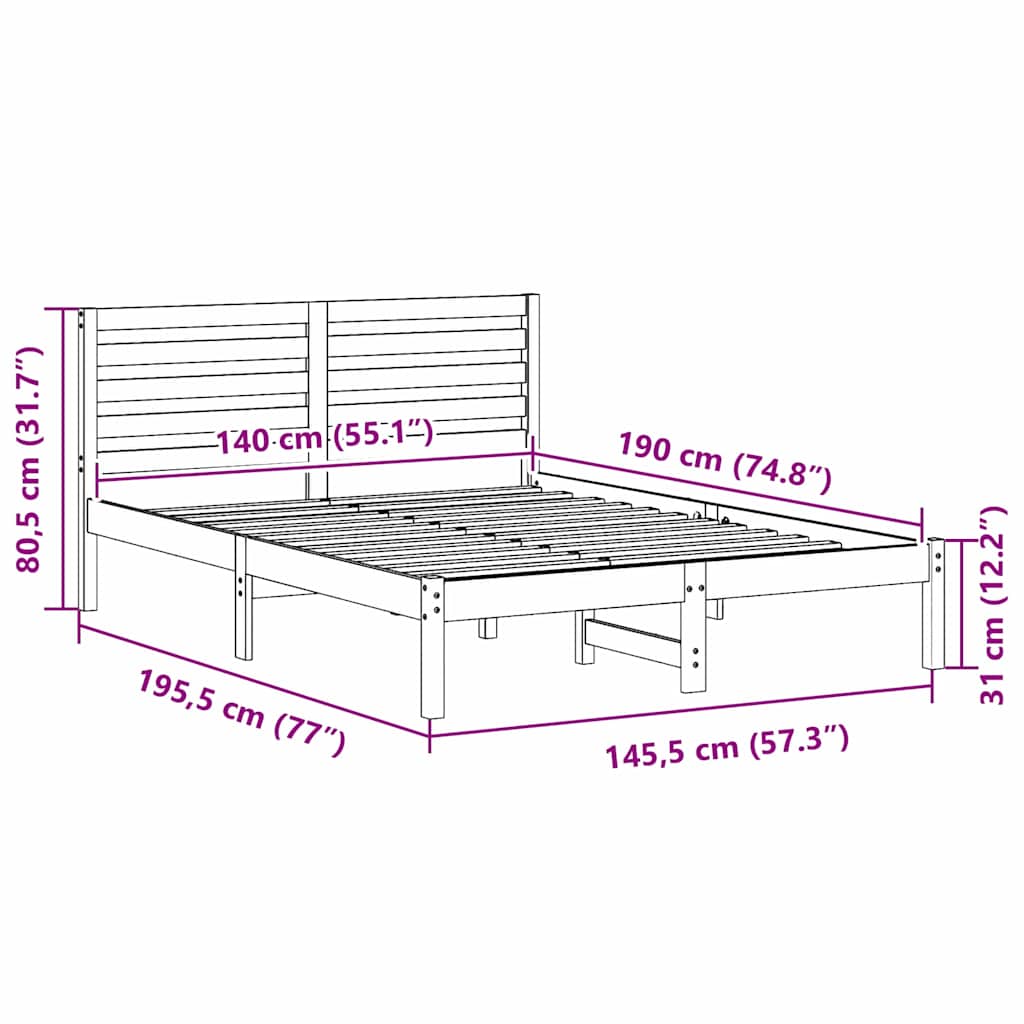 Brown Bed Frame with Headboard 140 X 190 Cm Solid Pine Wood