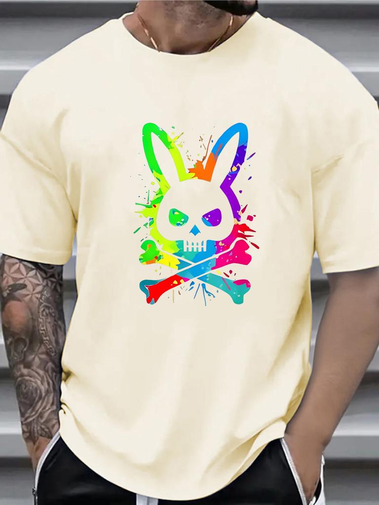 Summer Mens Roundneck ShortSleeved Sports TShirt Skull Rabbit Print 100 Cotton Casual Summer Outfit Breathable Comfortable