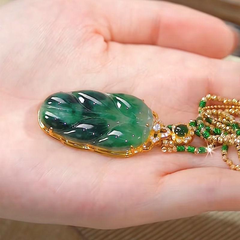 Golden Branch Jade Leaf Imitation Jade Green Necklace Pendant Female Big Leaf Youcheng Bamboo Sweater Chain Clothing Pendant