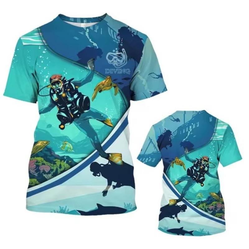 3D Diving Print Men's Novelty Short Sleeve Crew Neck T-shirt, Summer Outdoor