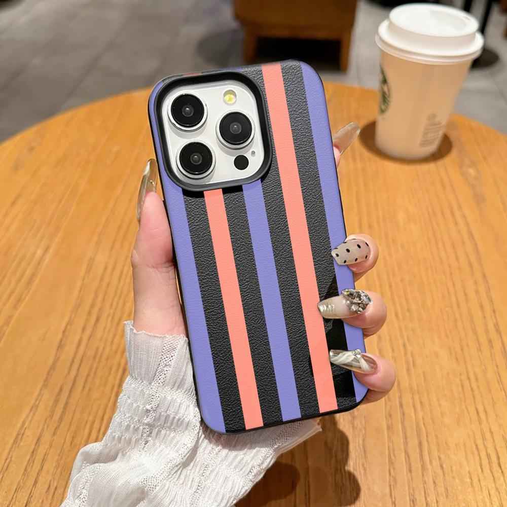 Fashion Two Tone Stripe Phone Case For Iphone 17 Air 16 16e 15 14 11 13 12 Pro Max Aesthetic Shockproof Leather Vintage Cover