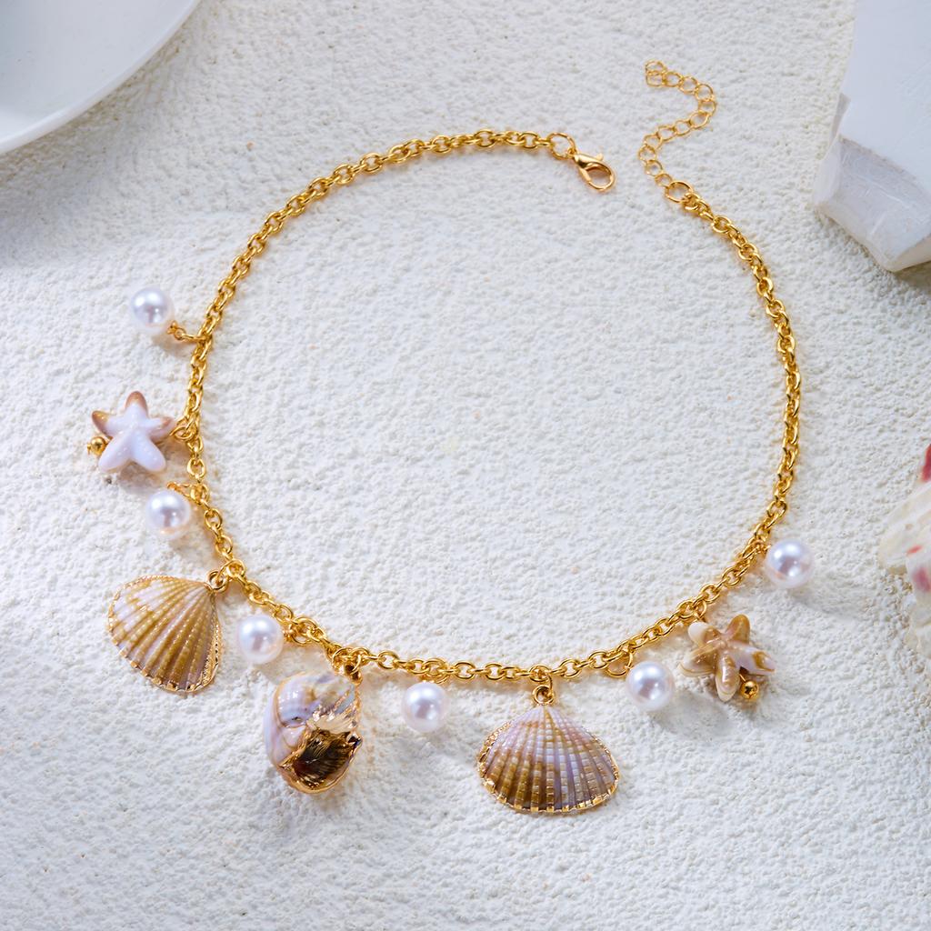 Boho Ocean Theme Jewelry Set for Women Metal Starfish Conch Imitation Pearl Pendant Earrings Necklace Beach Party Jewelry Gifts
