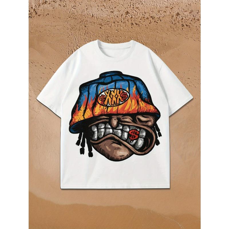 Europäische Größen Herrenmode Lässiges T-Shirt mit Aufdruck, kurzärmelig | Lockerer Schnitt, Rundhalsausschnitt, Geometrisches Muster, Ganzjahresartikel, Leicht elastisches Gewebe