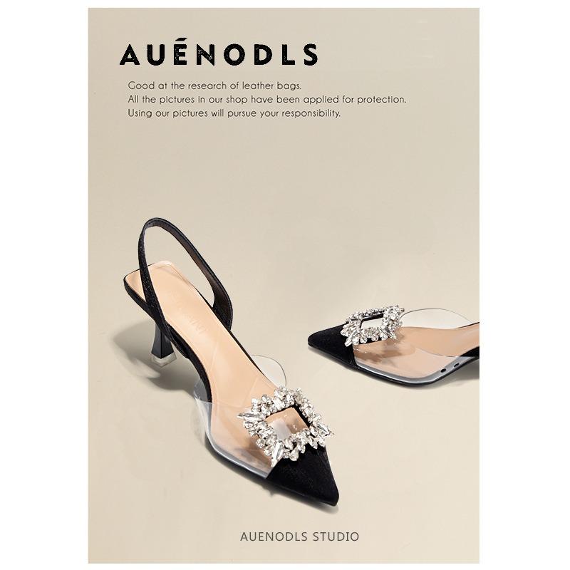 Summer new fashion rhinestone square buckle transparent belt splicing pointed head bag head thin heel high heel sandals women's shoes