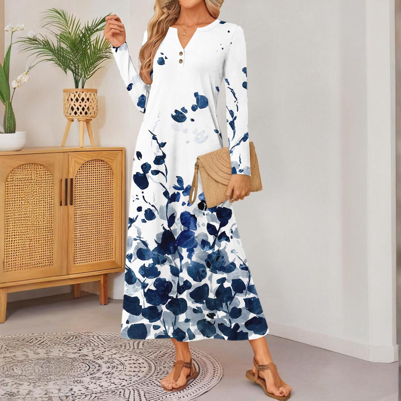 

женское ретро-платье с принтом, с длинным рукавом, удобное, свободного кроя, элегантное платье XXL синий