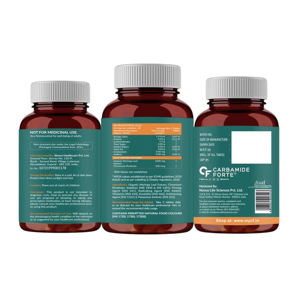 Carbamide Forte Organic Moringa Tablets 1000mg Drumstick Leaves Powder for Energy & Immunity 60 Veg Tablets