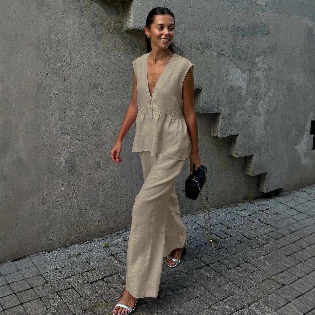 2025 European & American Style V-neck Vest & Long Pants Women's Solid Color Two-piece Set