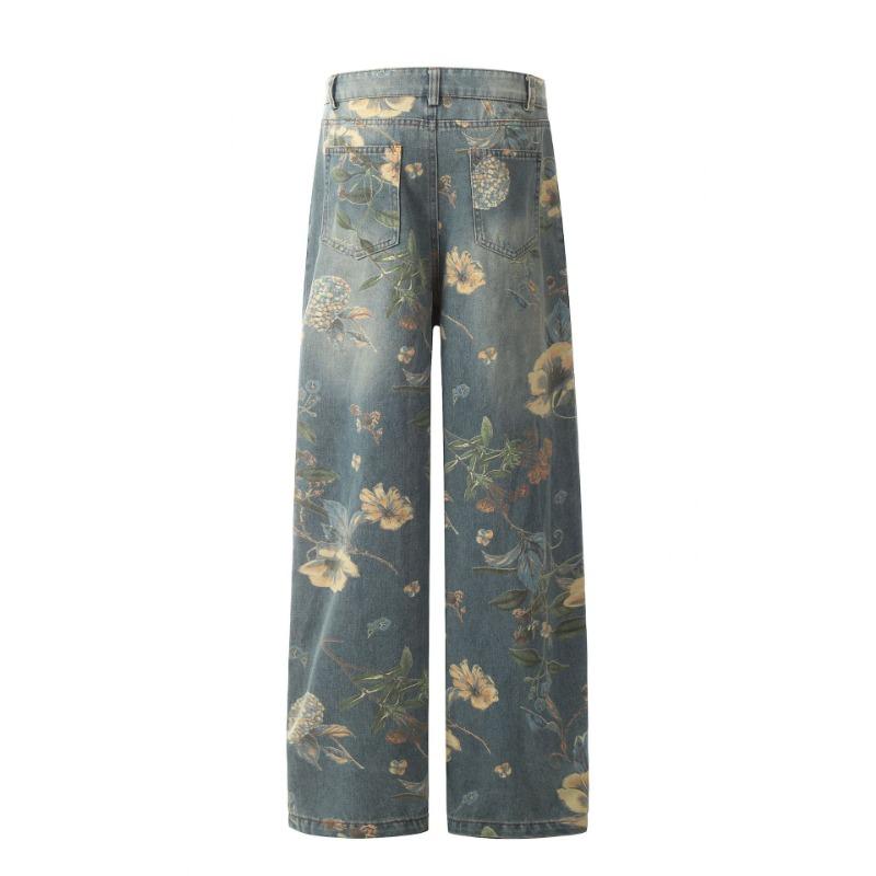 2026 Jeans alla Moda Stile Americano Stampa Vintage Vestibilità Larga Gamba Larga Estivi High Street Gamba Dritta Pantaloni Casual da Uomo Donna