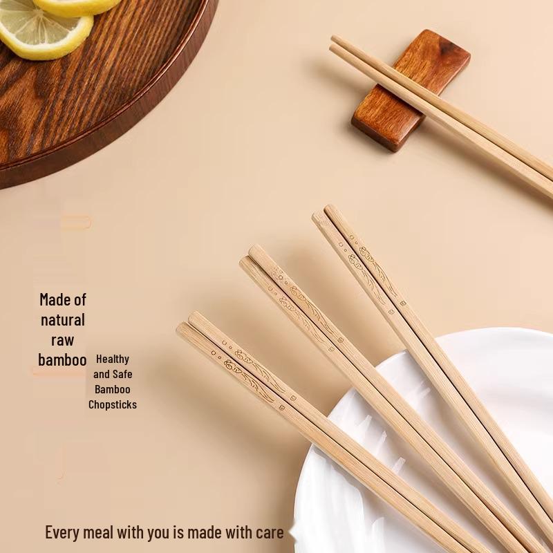 Set of 10 Natural Bamboo Chopsticks: Anti-Mold, Non-Slip, No Paint/Wax, High-End Carved Design for Home Use.