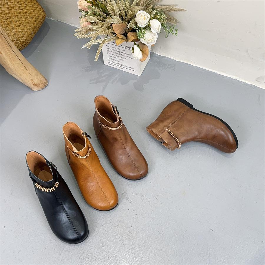 Johnature Retro Short Boots With Side Zipper Genuine Leather Soft Sole Comfortable Women's Shoes