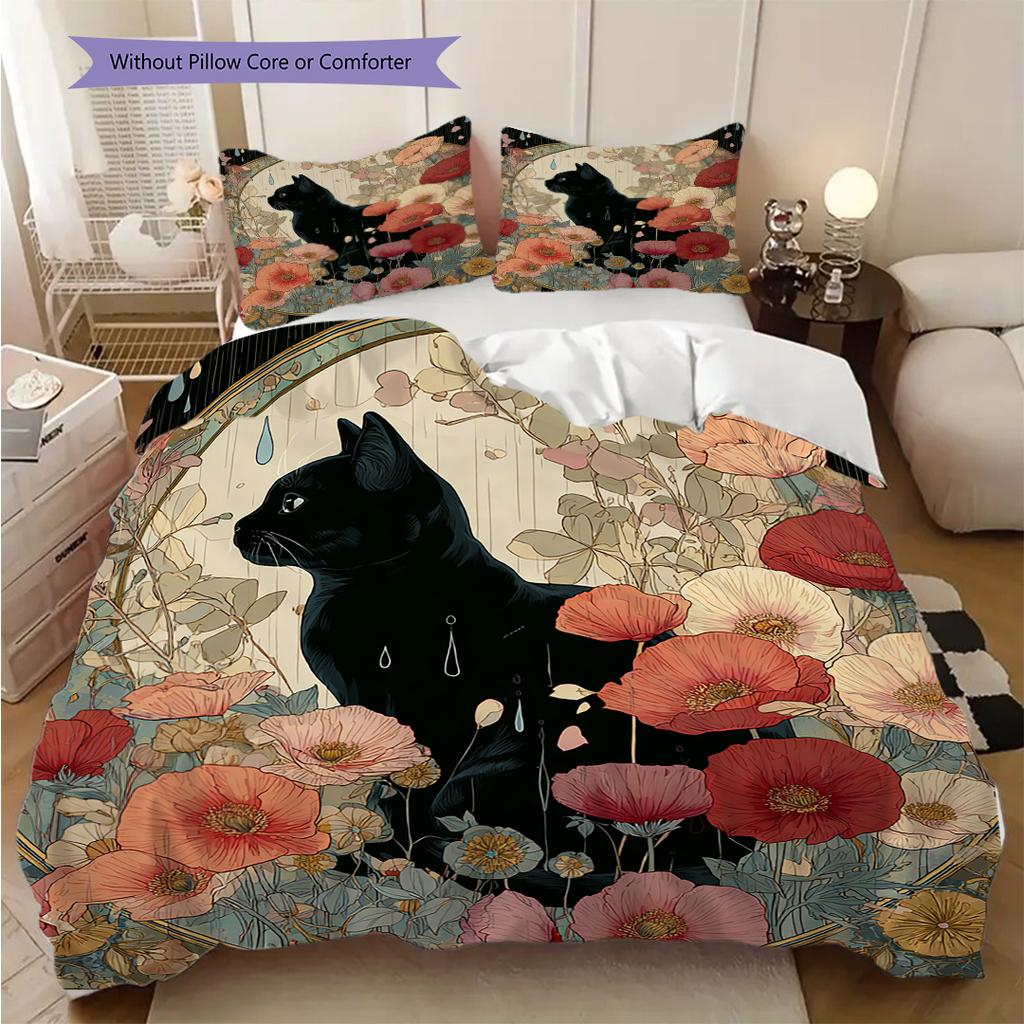 Set cu cuvertură și fețe de pernă cu model pisică neagră Decorare casă Cadou de ziua de naștere (1 * husă de pilotă + 2 * fețe de pernă, fără miez)