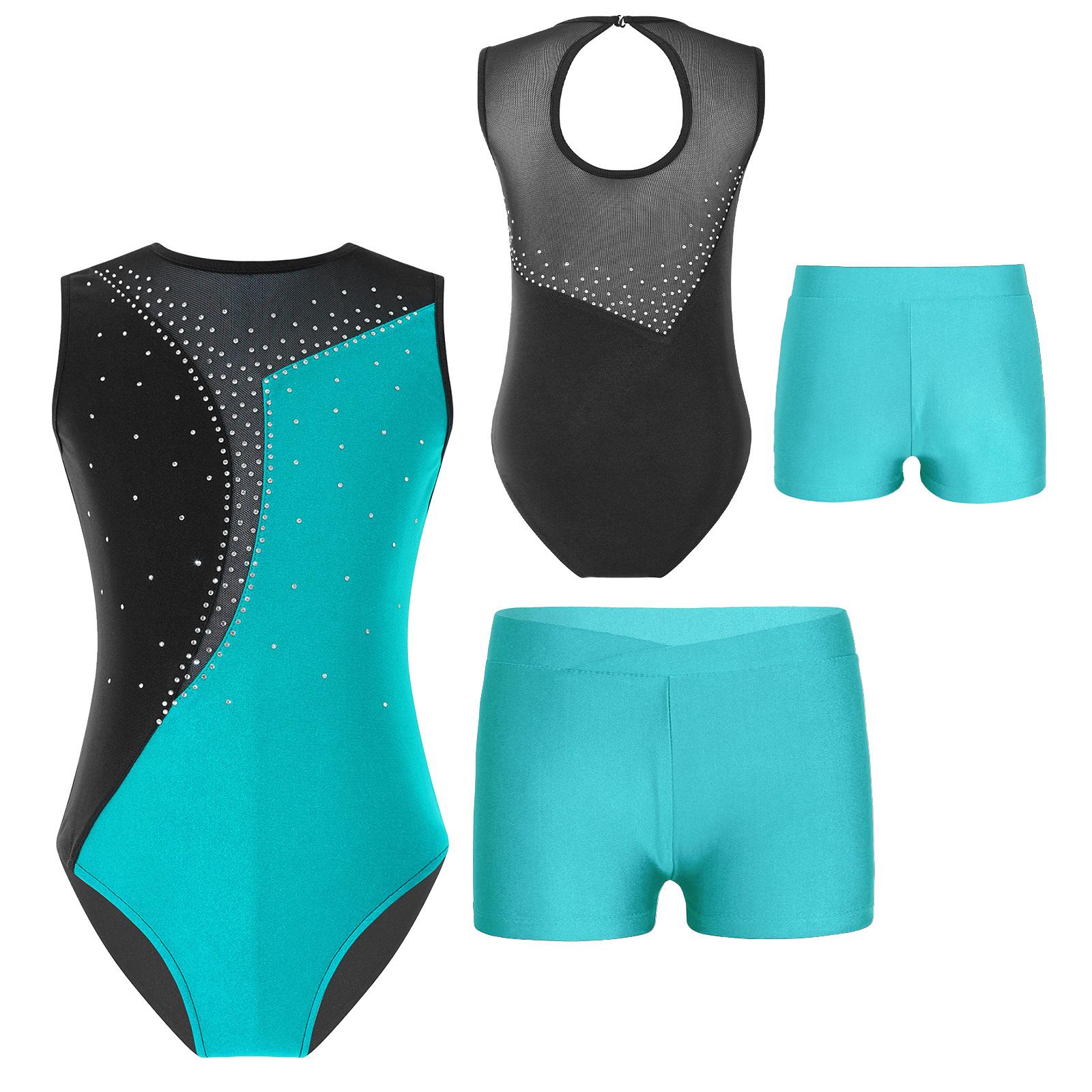 

Дитяче гімнастичне купальник без рукавів із шортами для дівчаток Балетний комбінезон Танцювальне вбрання Спортивний тренувальний костюм 9-10 Years морська хвиля