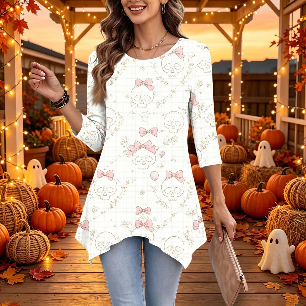 Women's Casual Halloween Print Top, Loose Fit Three-Quarter Sleeve
