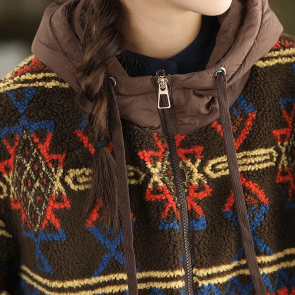 Johnature Women Vintage Hooded Print Floral Zipper Warm Winter Coats Chinese Style Long Sleeve Female Coats