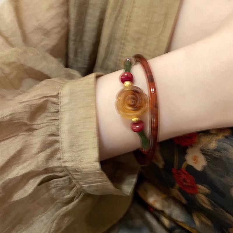1Set Chinese Style Advanced Sense Rose Flower Beaded Bracelet For Women Girls Luxury High-End Vintage Bracelet Accessories Gifts