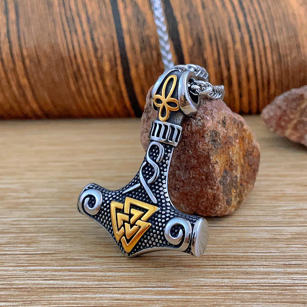 Stainless Steel Men's Pendant Necklace Viking Odin Celtic Triangle Knot Thor's Hammer