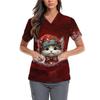 Women's Cute Bow Printed Work Clothes V-neck Double Layer Pockets Basic Short Sleeve Top Pullover