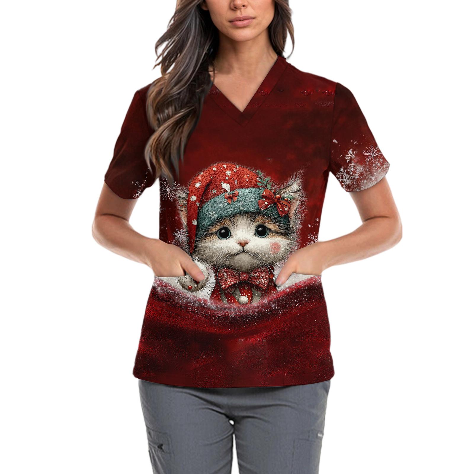 

Женская милая блузка с принтом бантиков, рабочая одежда, V-образный вырез, двойной слой, карманы, базовая, с коротким рукавом, пуловер XL винный