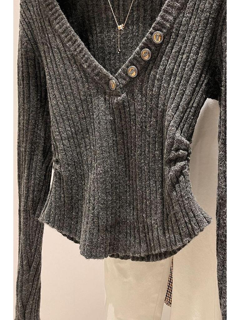 Elegant V-neck Slim Pullover Sweater - New Winter Style, All-Match French Long-Sleeve Top