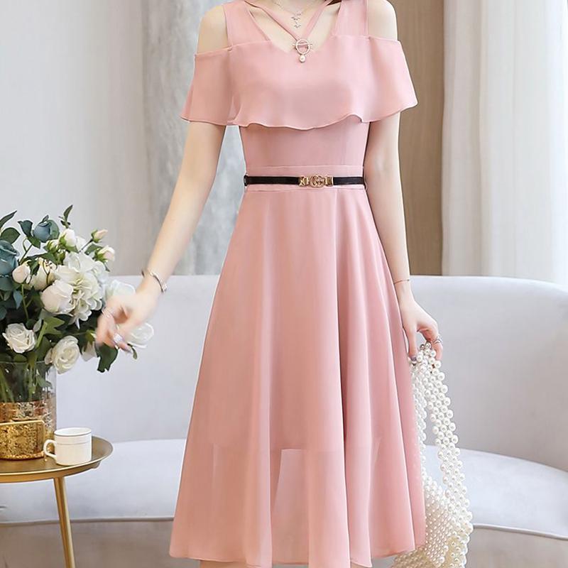 Schulterfreies Chiffonkleid mit Rüschen und Gürtel für den Sommer im koreanischen Stil, schmale, mittellange Taille und dünner, trägerloser Feenrock im Temperament für Damen