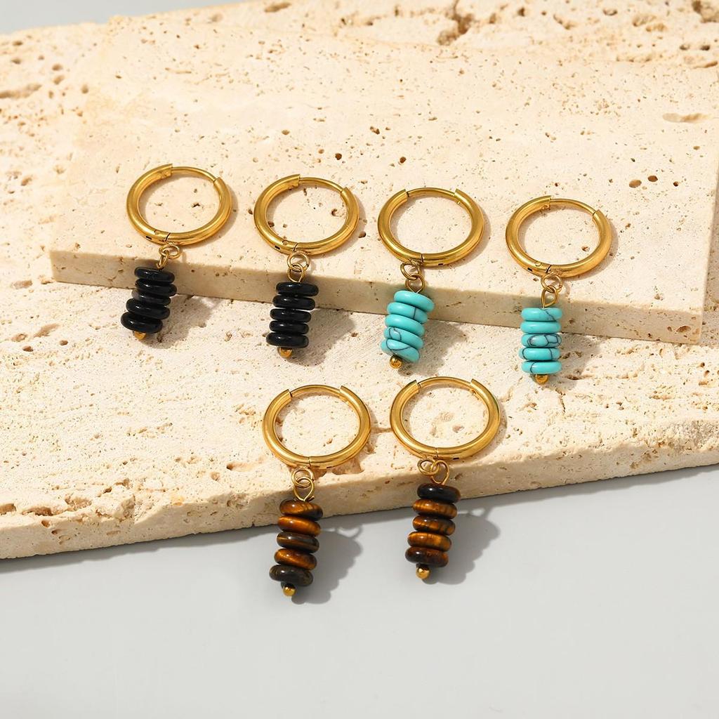 European Stainless Steel Earrings with Colorful Natural Stone Pendant - Women's Fashion Niche Design