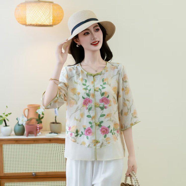 

Elegant Retro Embroidered Plus-Size Women s Loose Shirt 4XL (Recommended 135-150 jin) абрикосовый