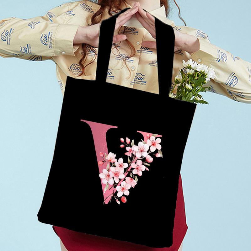 Pink Sakura Handbags Women Eco Reusable Tote Bag Cherry Blossom College Canvas Bag Vintage Sakura Alphabet Ladies Shoulder Bag