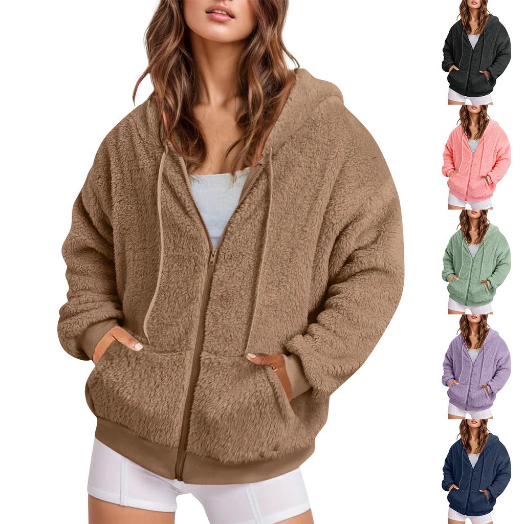 Women's Winter Fleece Windproof Zip Drawstring Front Pocket Outdoor Jacket Fleece Jacket