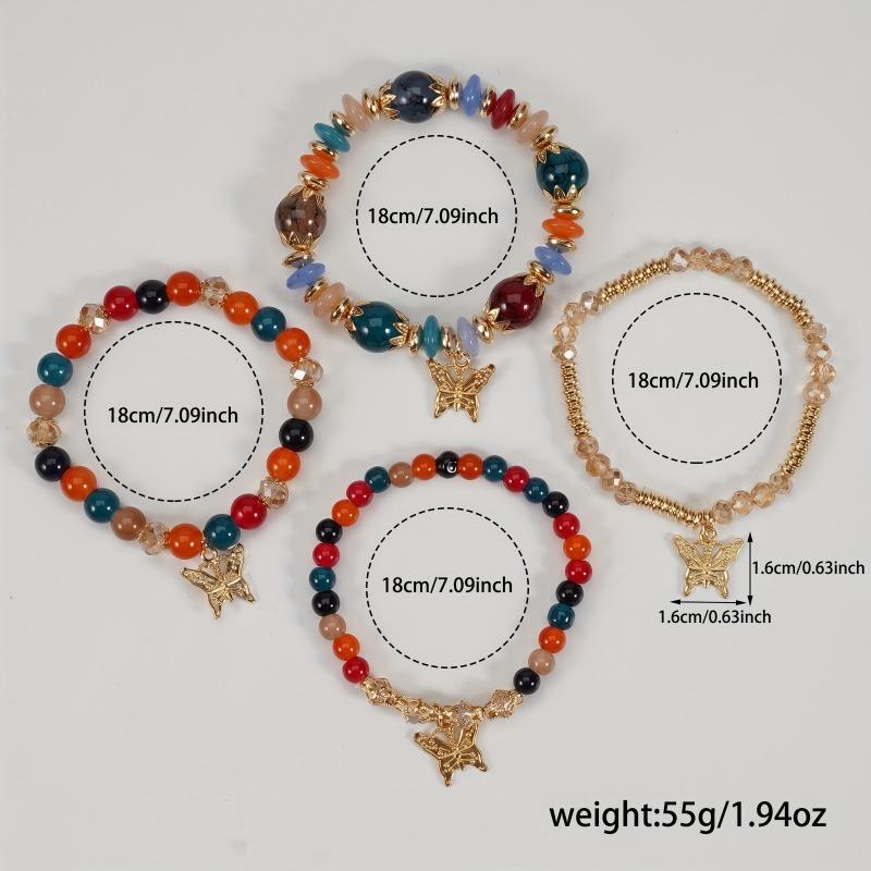 4Pcs Bohemian Butterfly Beaded Bracelets, Crystal Zinc Alloy Pendant, Ladies Daily Party Jewelry