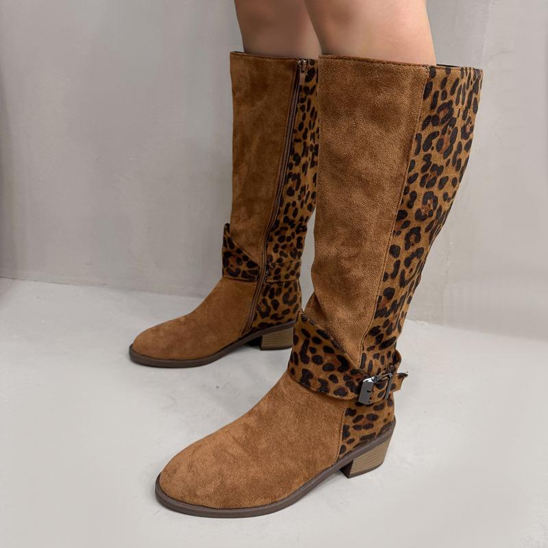 Autumn and Winter Leopard Pattern Belt Buckle High-tube Boots Side Zipper Thick-heeled Mid-heeled Knight Boots Women