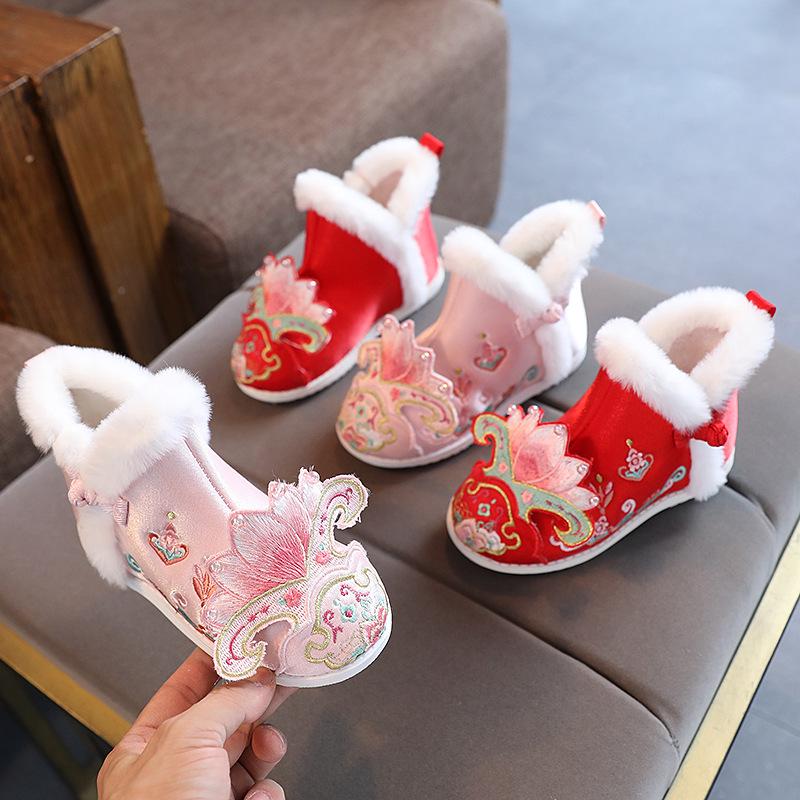 Verdickte warme Samt-Hanfu-Schuhe für Mädchen mit Stickerei - Baumwollstiefel im Prinzessinnenstil für Winter und Neujahr