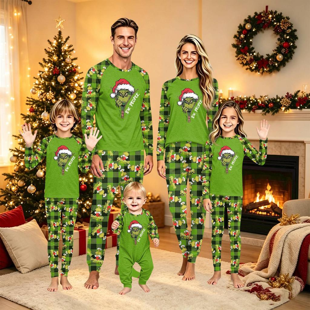 Family Matching Christmas Print Pajama Set Long Sleeve Neck Top and Pants for Kids and Adults