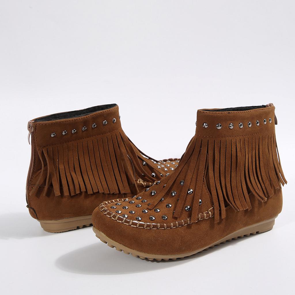 Women's Boots Short Boots Autumn and Winter Rivet Large Size Flat Bottom Fringed Boots