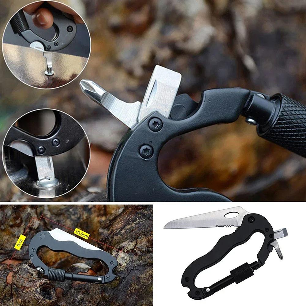 5 i 1 utendørs multifunksjonskarabinkroker Hurtighengende spenneklemme med kryssskrutrekker flaske vinåpner.