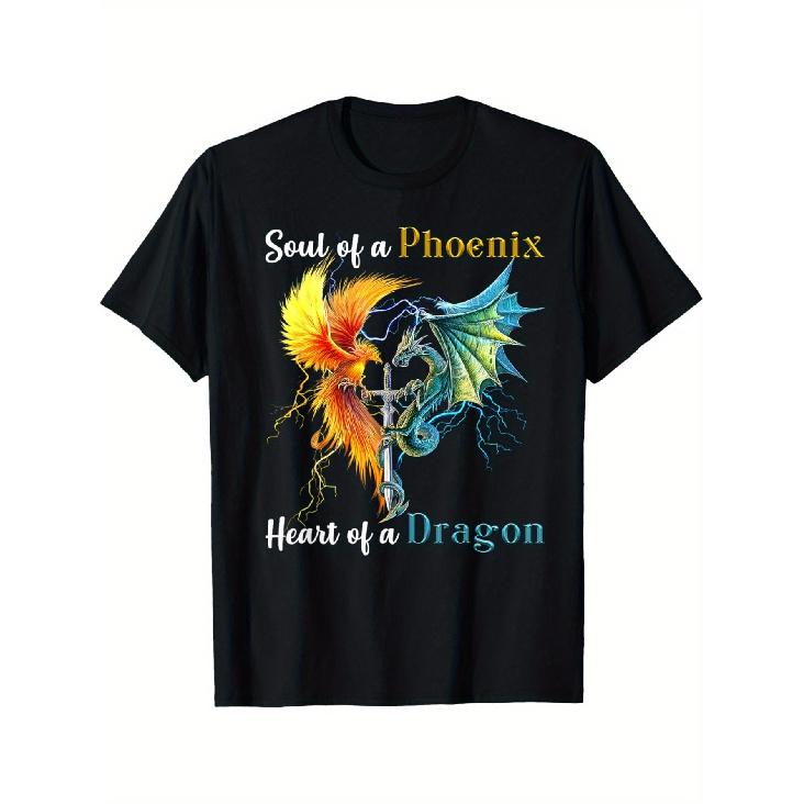 Men S Black Cotton T-Shirt with Phoenix & Dragon Design - Soul of a Phoenix, Heart of a Dragon Graphic, Short Sleeve, Round Neck, Casual Style, S чёрный