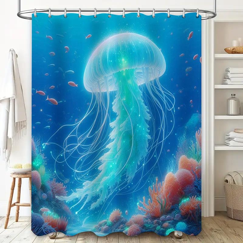 Oceanic Jellyfish Shower Curtain Blue Marine Life Print for Bathroom Decorations
