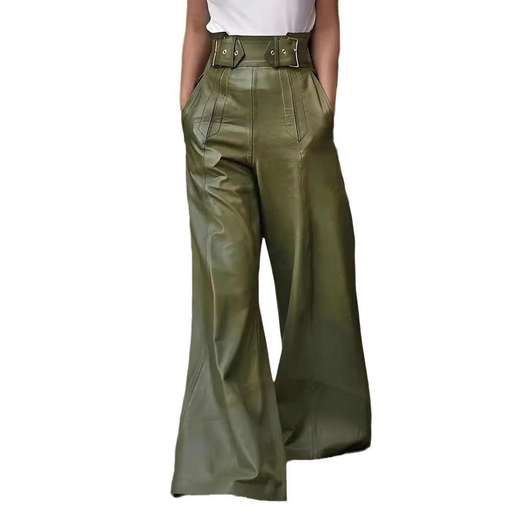High Waist PU Leather Flare Pants with Waist-cinching & Pockets - 2025 Fashion
