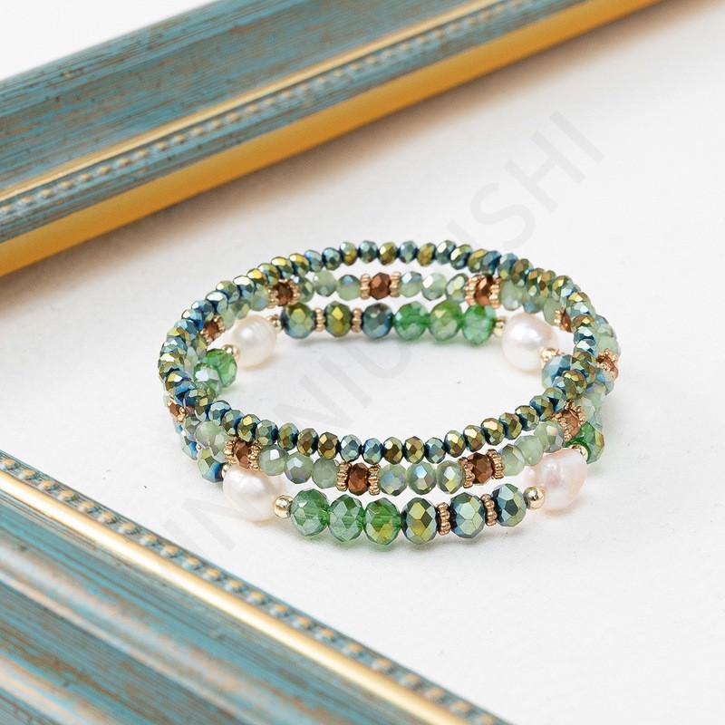 Handmade Bohemian Style Crystal Beaded Bracelet Set Women - Green Yellow Coffee Blue Color Options Natural Pearl Plastic CCB