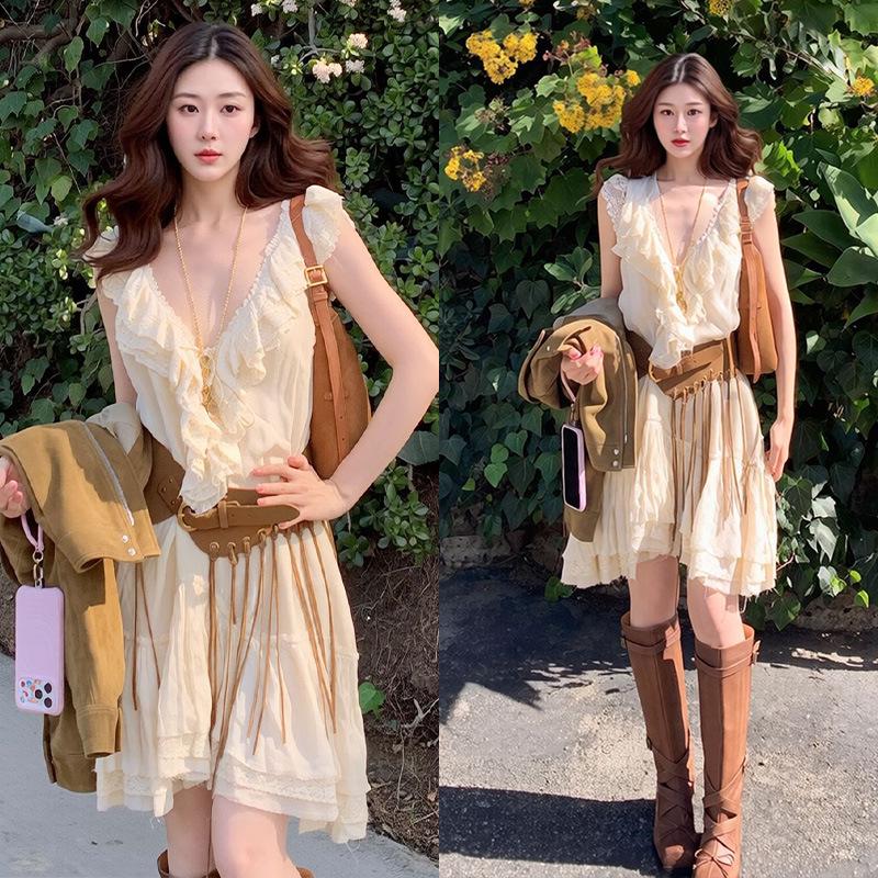Nan Nan Style Lace Spliced Chiffon Ruffle Loose Dress for Women S (45-53 kg)