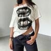 CTP European and American hip-hop style mouth print diagonal collar loose T-shirt Spice girl street sexy off-the-shoulder short sleeves