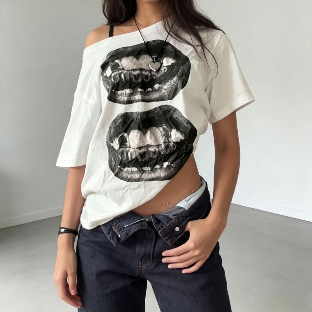CTP European and American hip-hop style mouth print diagonal collar loose T-shirt Spice girl street sexy off-the-shoulder short sleeves