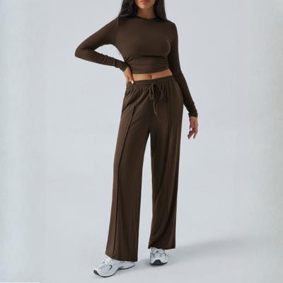 Women's 2-Piece Casual Tracksuit: Long-Sleeve O-Neck Cropped Top with Solid Basic Jogger Pants, Sporty Workout Outfits