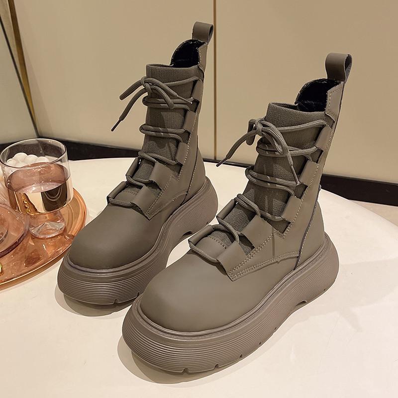 2025 new black knitted lace-up Martin boots women's 2025 new autumn short boots British wind locomotive short boots tide