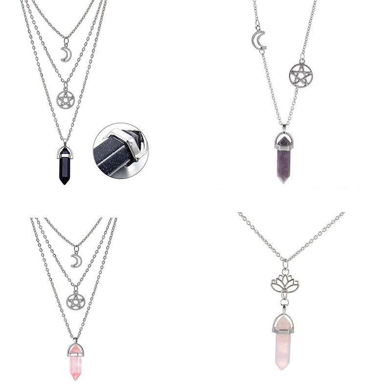 Mehrlagige Achat-Halskette mit hohlem Mond- und Sternanhänger für Damen, Schmuck für das Schlüsselbein