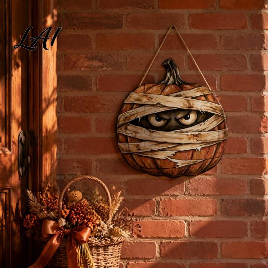 Rustic Farmhouse Entryway Sign Halloween Mummy Pumpkin Hanging Sign Retro Wooden Pendant with Office Window Ornament Hemp Rope for Front Door
