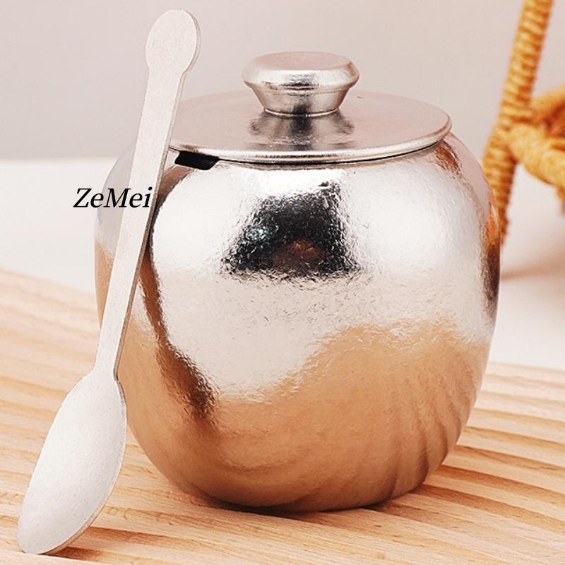 Silver Seasoning Jar,Pure Titanium With Lid and Spoon Spice Container Salt Organizer,Coffee Beans Storage Jar,Kitchen Tools