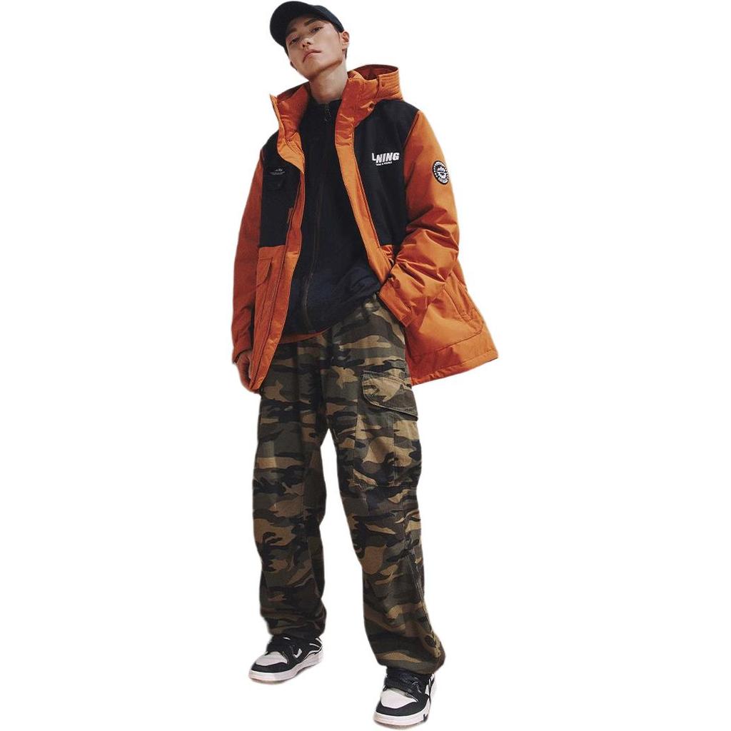 Li-Ning Color Block Hooded Mid-Length Down Jacket Men Outerwear Red Brown AYMT325-1