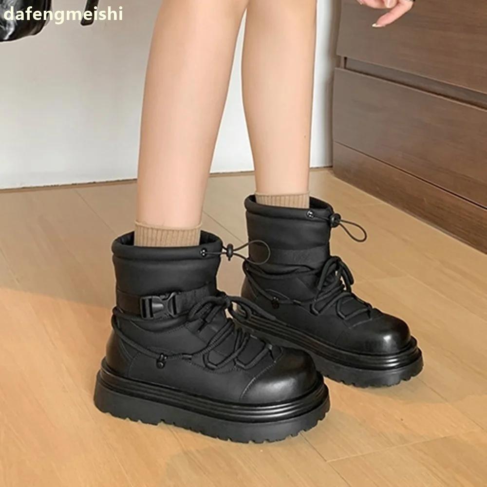 2025 Winter New Snow Boots Plush Warm Round Toe Thick Sole Mid-Calf Boots Black/beige Leather Elastic Band Snow Boots
