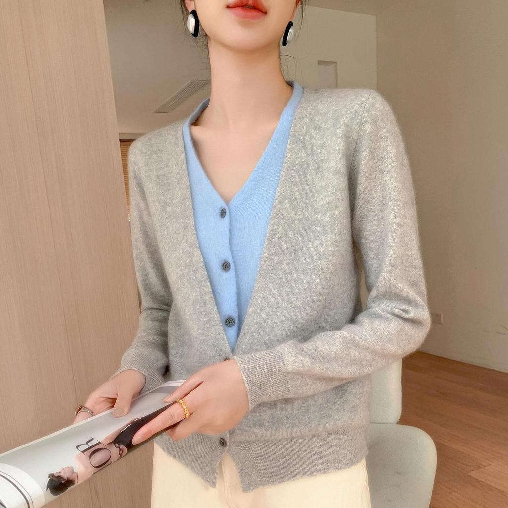 2025 V-neck Button-up Cashmere Knit Cardigan - Korean Style, Loose Fit, Slimming, Fake Two-piece Jacket for Women