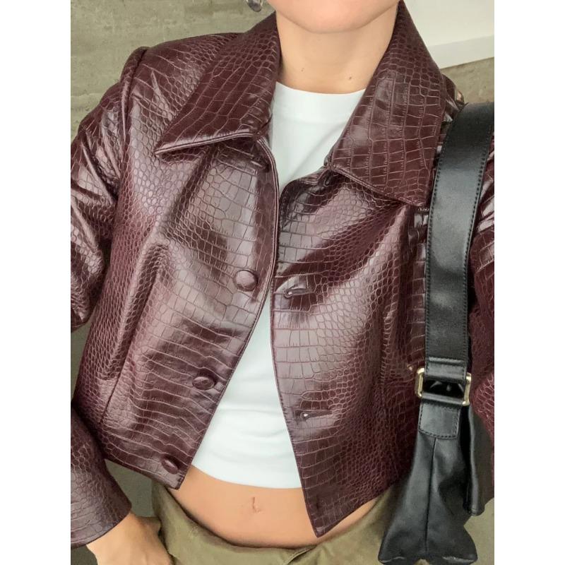 Burgundský elegantní dámský kožený krátký kabát s klopami, krokodýlí efekt, zapínání na knoflíky, pouliční bunda, nový podzimní dámský svrchní oděv
